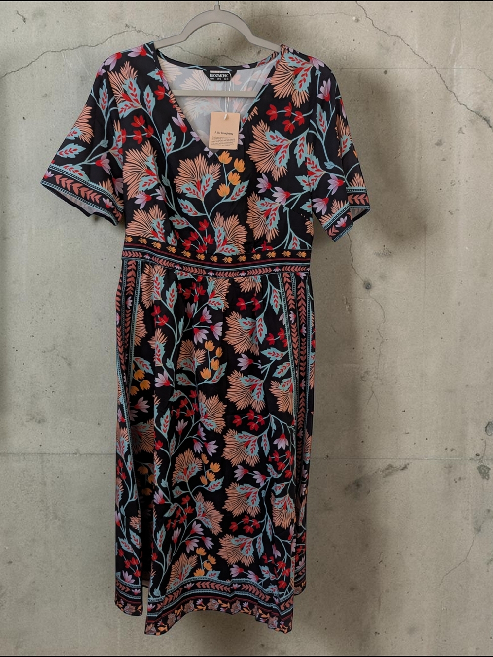 BloomChic Black V-Neck Midi Dress with Multicolor Floral Print